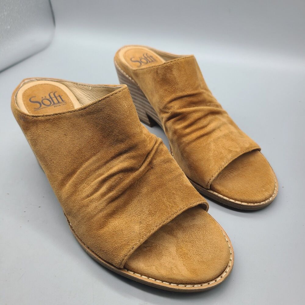 Sofft Strathmore Women Slide Sandals sz 8 Tan Leather Suede Wedge Heel Open Toe - Picture 3 of 12